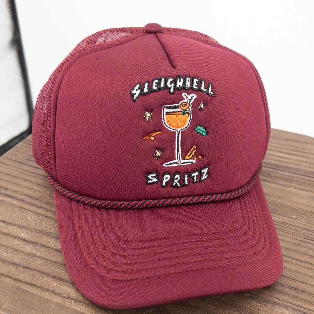 Anthropologie Nephthys Illustrated Sleighbell Spritz Trucker Hat Burgundy NWT